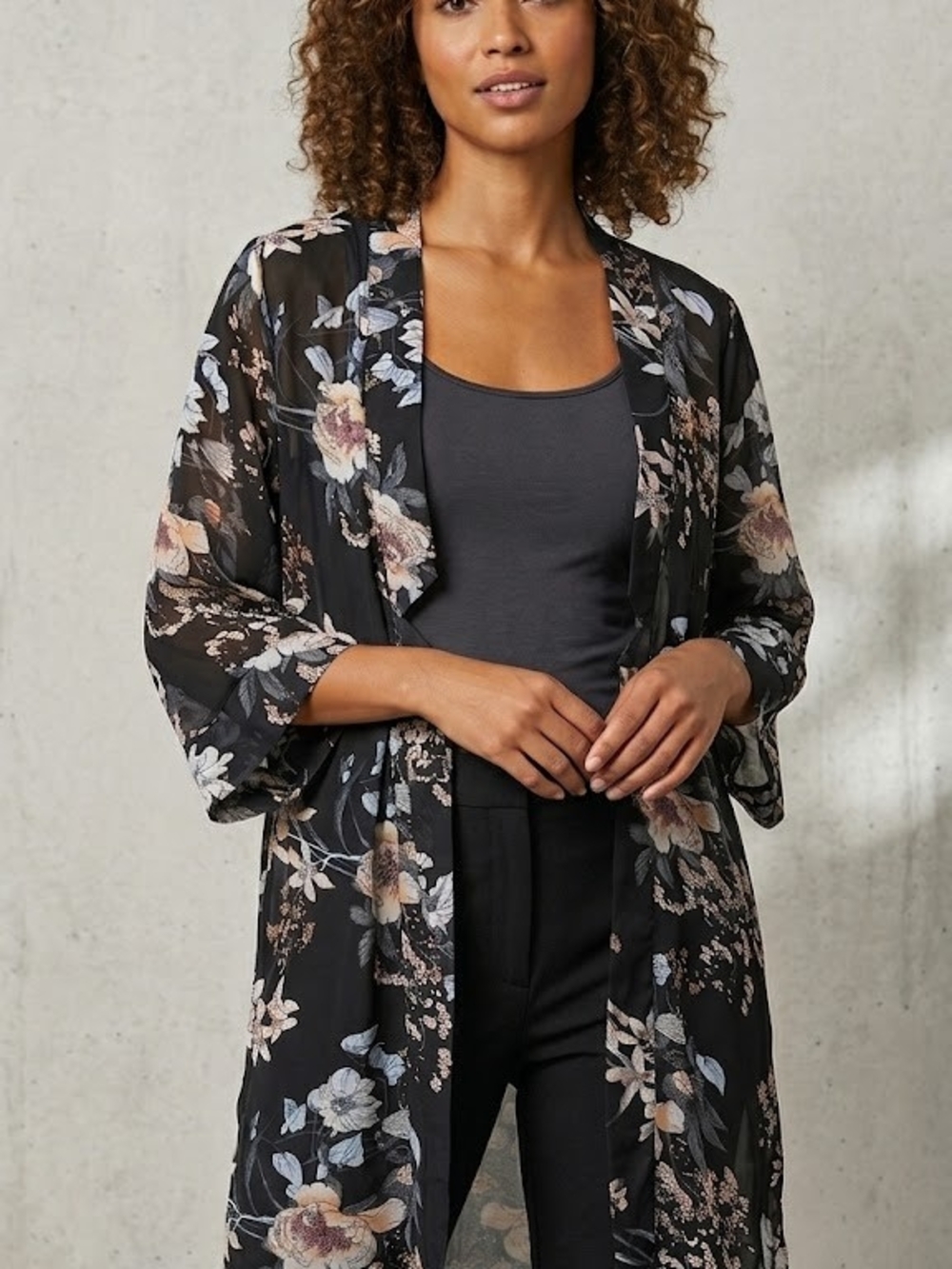 Tahari Floral Kimono Cardigan Boho Festival Sheer Layering Duster Coverup S M